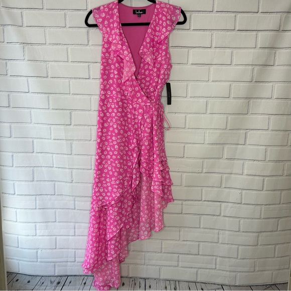 Lulus Cornelia Fuchsia Pink Floral Print Ruffled Wrap Midi Dress size M - Picture 2 of 8